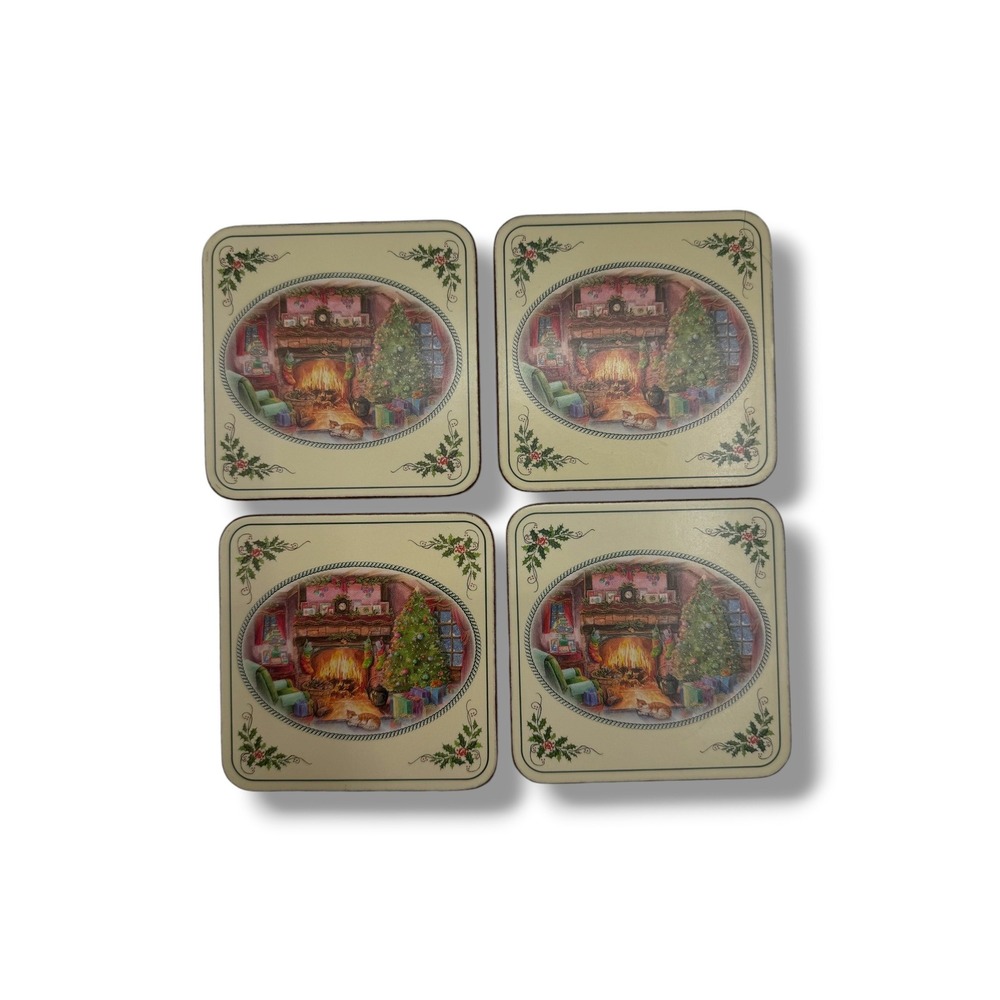 Pimpernel Christmas Fireplace Cork Backed Coasters Set of 4 Cream Holiday Decor